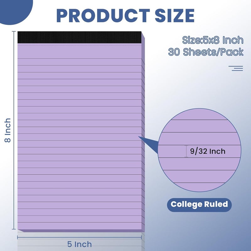 Ciphyfee 6pcs Small Note Pads, Purple Notepads 5x8 College Ruled Notebook, Writing Pads 5 x 8, Legal Pads, Memo Pad Paper Perforate Narrow Ruled Notebooks for Work, School, Office,30 Sheets/Pack - Image 2